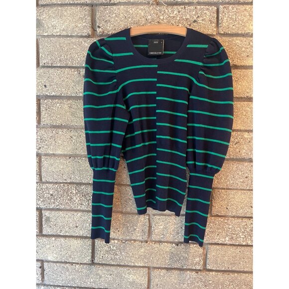 C/Meo Collective Striped Puff Sleeve Knit Sweater Navy & Green Womens M - Picture 1 of 6